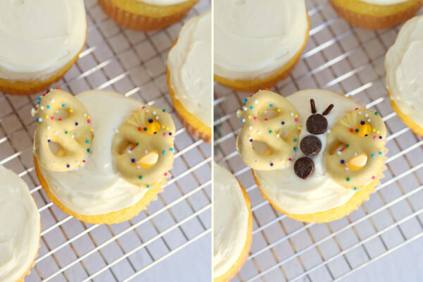Creating butterfly on top of cupcake.