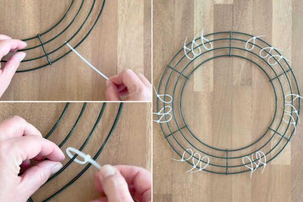 Adding zip ties to the wreath form.