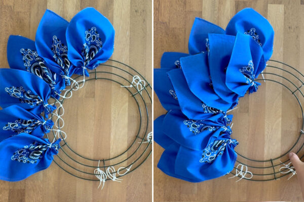 Two rows of six blue petals on the wreath form.