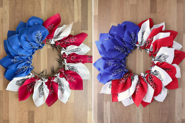 Red and white petals zip tied onto wreath form.