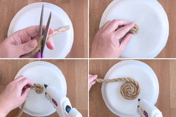 Gluing rope to front of plate.