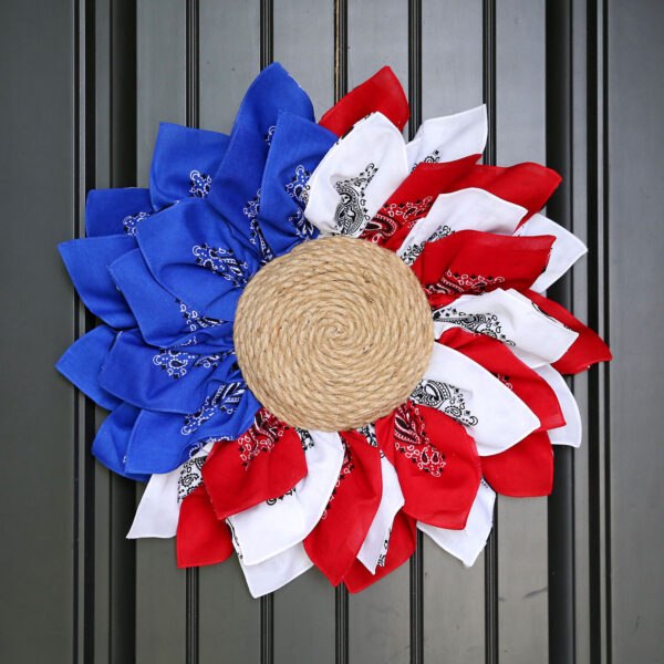 Red white and blue sunflower wreath made with bandanas.