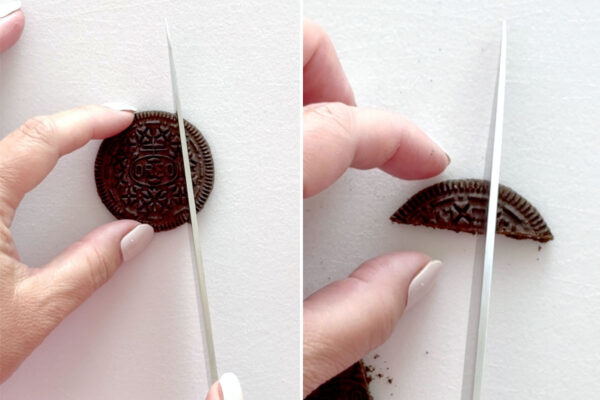 Slicing Oreo to make eyebrows.