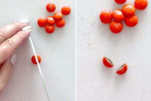 Slicing orange M&M in half.