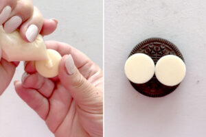 Using melted candy to "glue" eyes to Oreo.