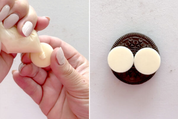 Using melted candy to "glue" eyes to Oreo.