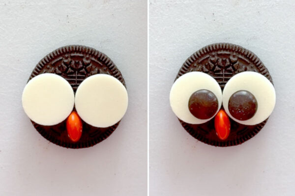 Adding M&Ms to the owl for nose and pupils.