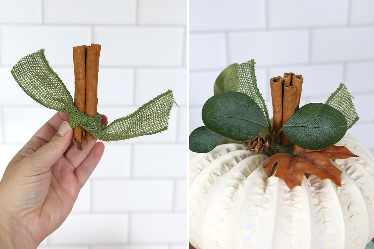 Ribbon tied around cinnamon stick for stem; glued onto top pumpkin.