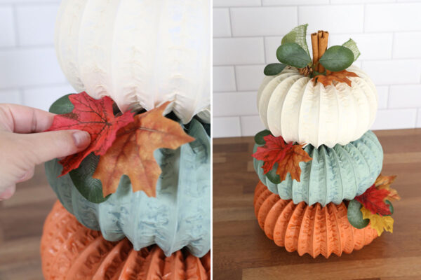 Adding leaves with hot glue.
