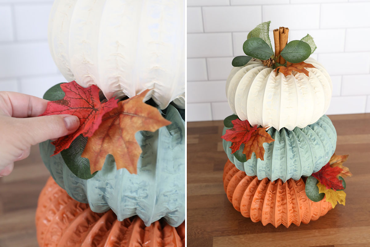 Adding leaves with hot glue.