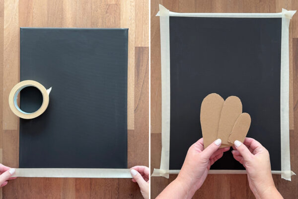 Tape off edge of canvas; cut cardboard ghost shapes.