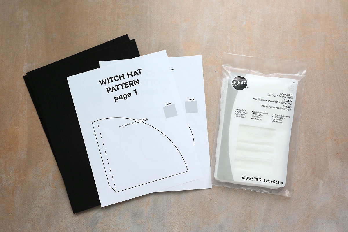 Witch hat pattern, black felt, cheesecloth.