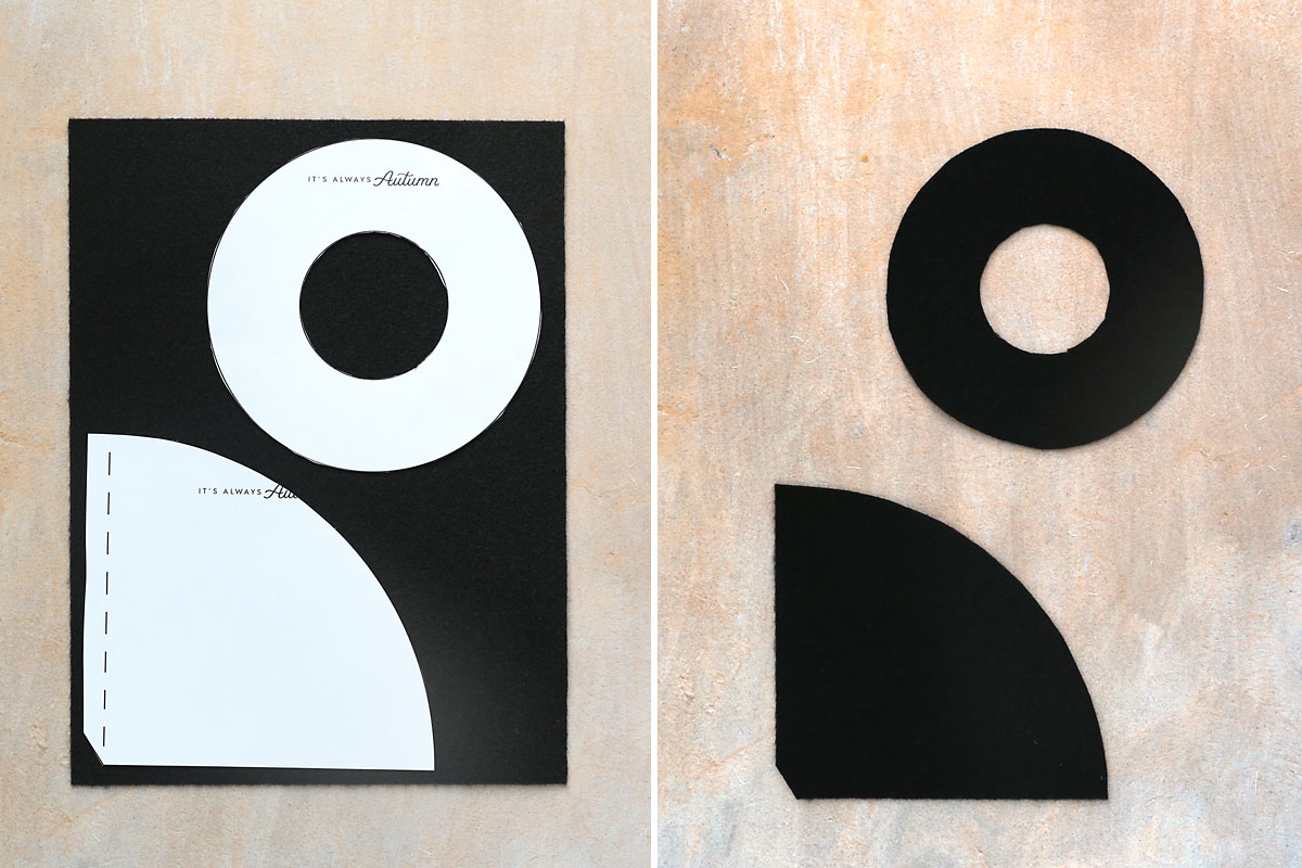 Cutting witch hat pattern pieces from felt.