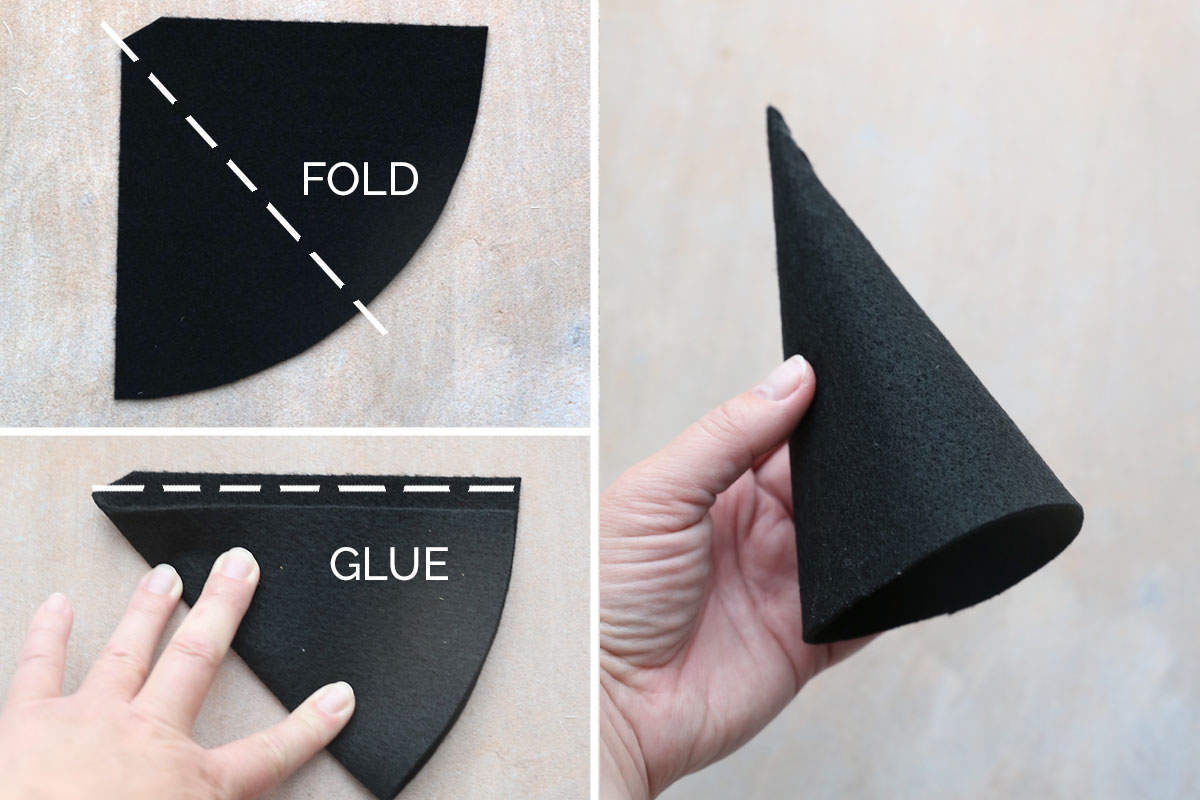 Folding and gluing cone for witch hat.