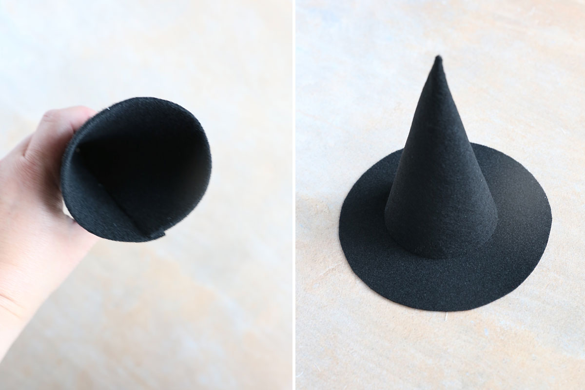 Gluing cone onto brim for witch hat.