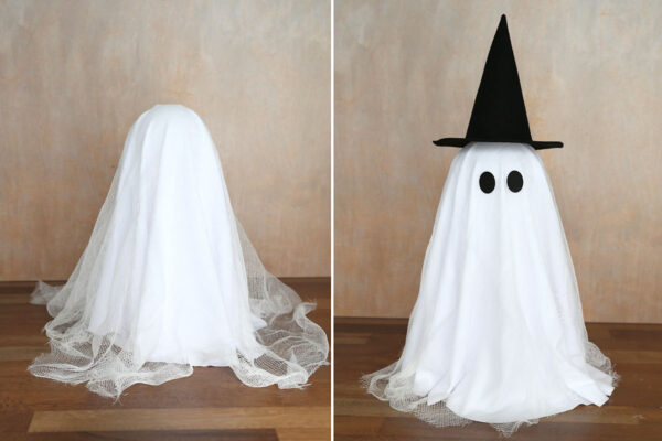 Covering ghost in cheesecloth, adding eyes and hat.