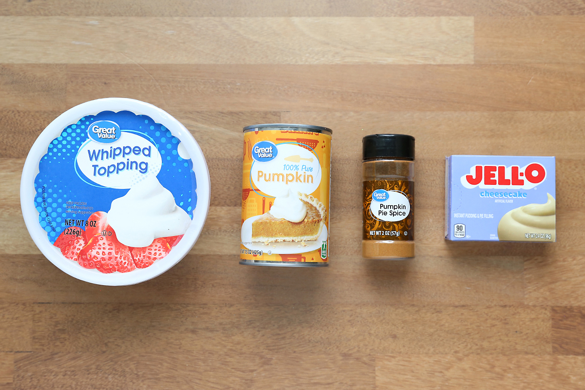 Whipped topping, canned pumpkin, pumpkin pie spice, cheesecake pudding mix.