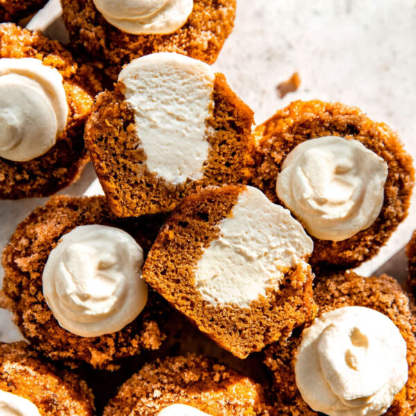 Pumpkin muffins filled with maple cream cheese.