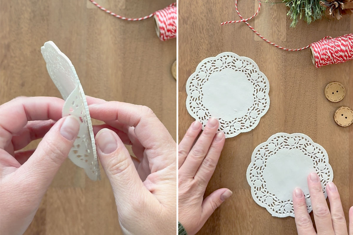 Pulling off sets of three doilies.