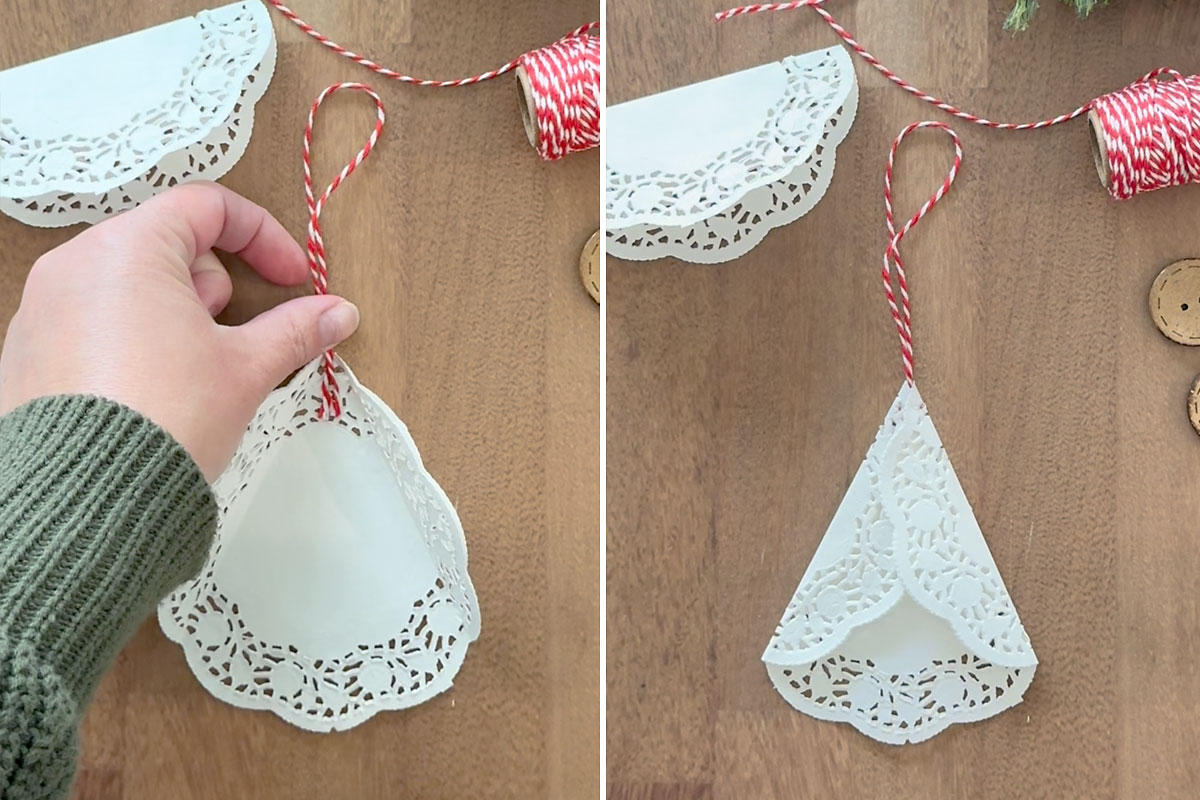 Gluing twine loop at top of triangle doily.