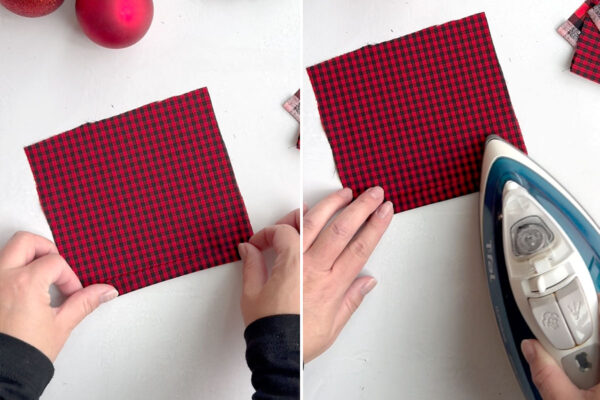 Folding fabric square up 1/2 inch and ironing.