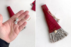 Tying bells to ends of twine.
