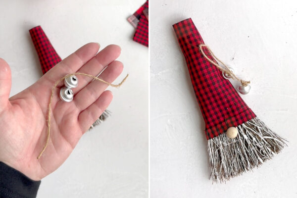 Tying bells to ends of twine.