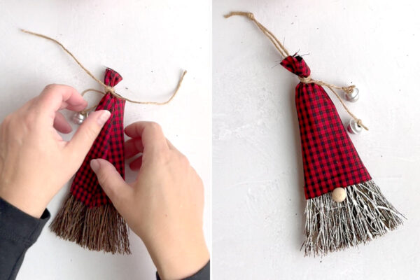 Tying top of hat with more twine; creating loop to hang.