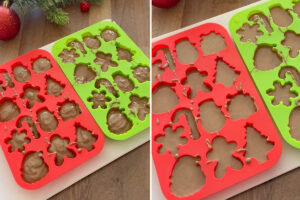 Tapping molds to get mixture to settle flat.