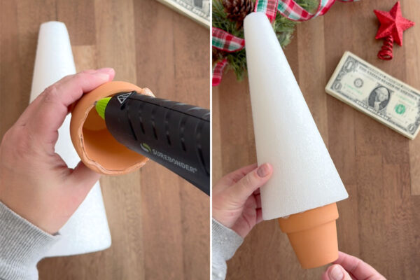 Gluing small pot to bottom of foam cone.