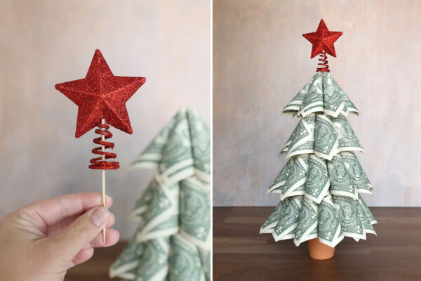 Adding small star topper to money tree.