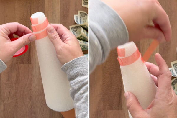 Applying double sided tape to top of cone.