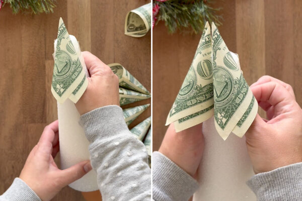 Pressing money branches into tape.