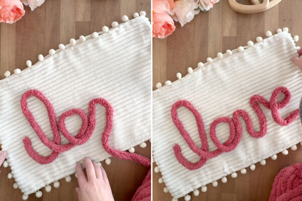 Placing yarn in shape of a word on the pillow cover.