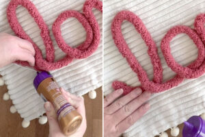 Lifting up a section of yarn and gluing it down.
