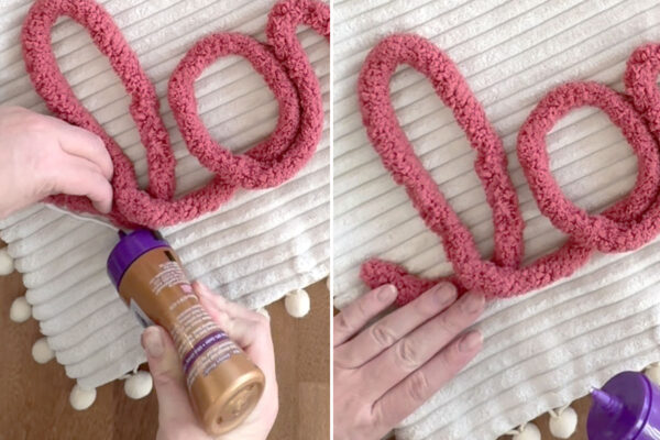 Lifting up a section of yarn and gluing it down.