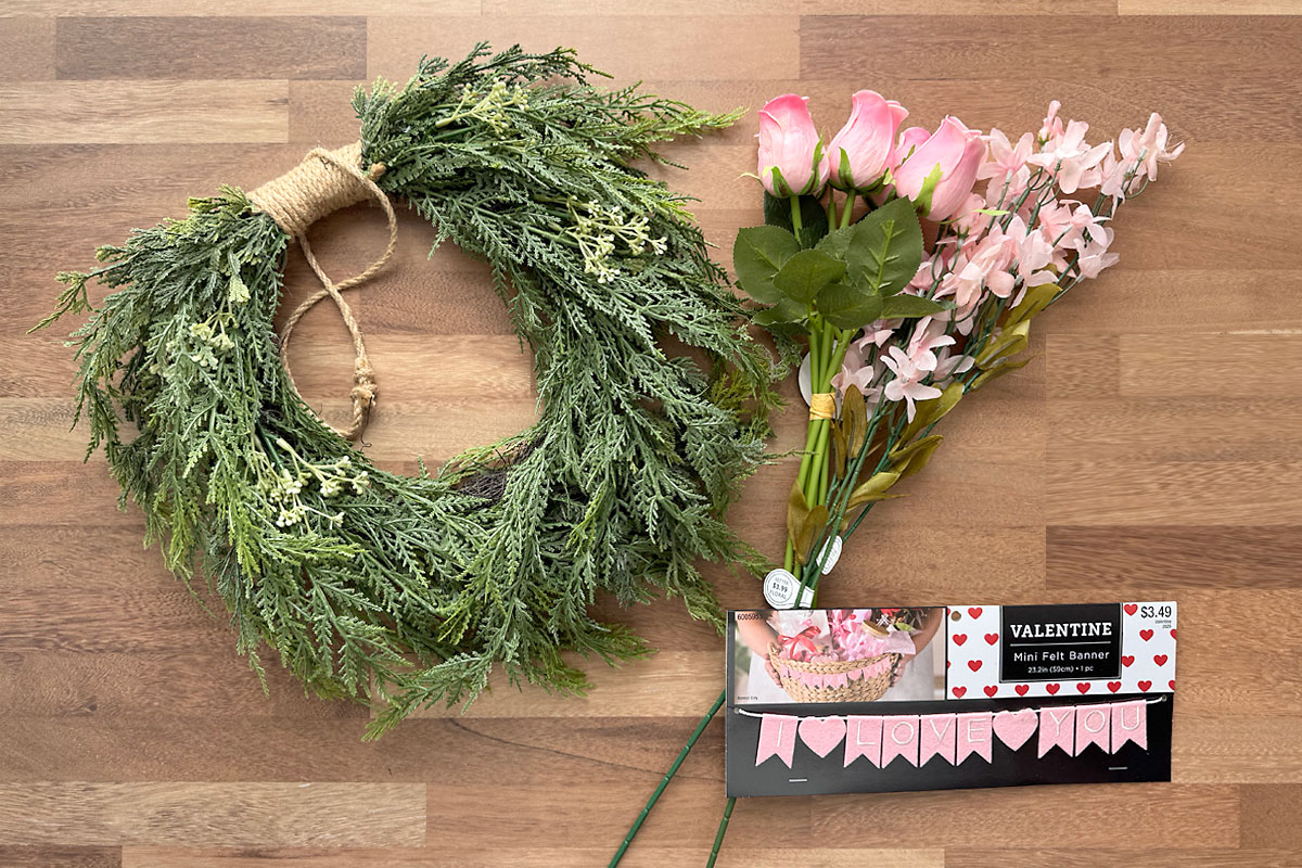 Wreath, faux florals, mini banner.