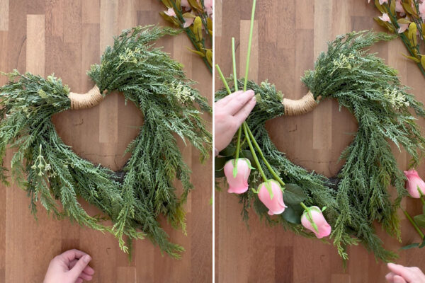 Placing roses on wreath.