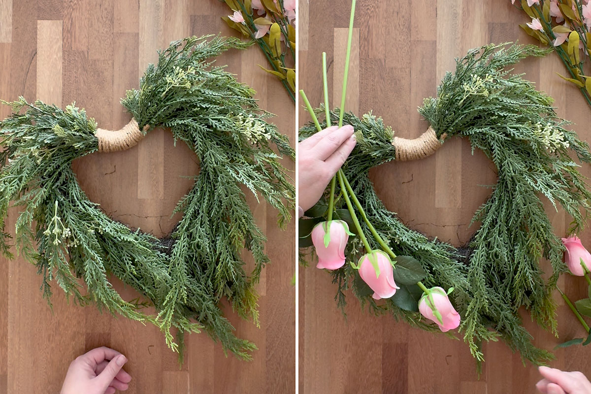 Placing roses on wreath.