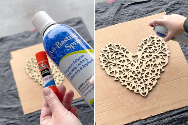 Use basting spray or gluestick on the wood cutout.