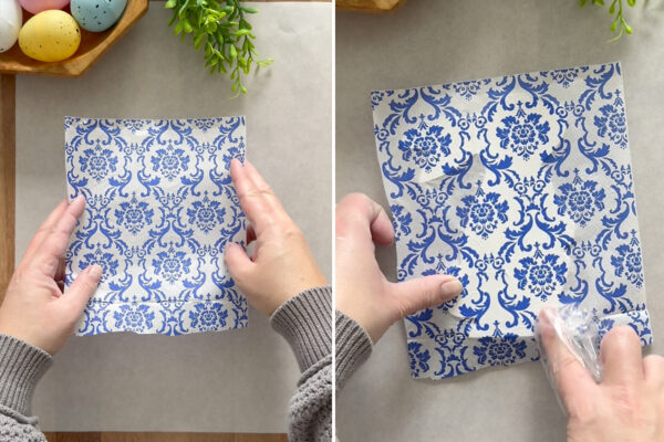 Placing napkin over bunny, smoothing down.