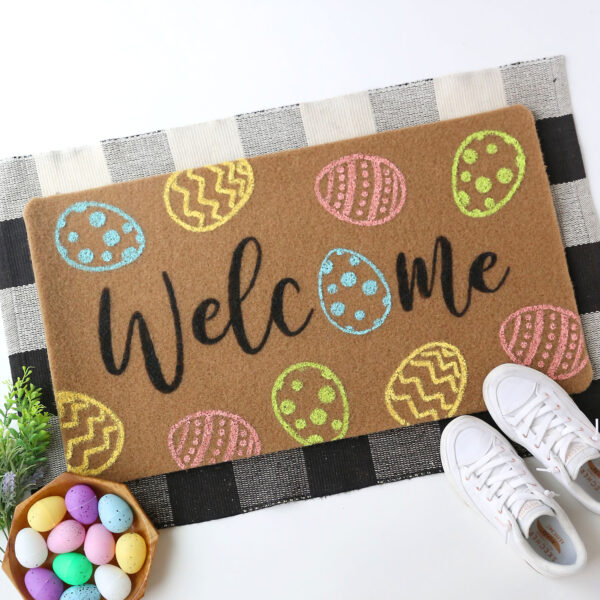 DIY Easter doormat with shoes and Easter eggs.