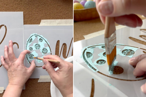 Painting on the stencil, holding brush up and down.