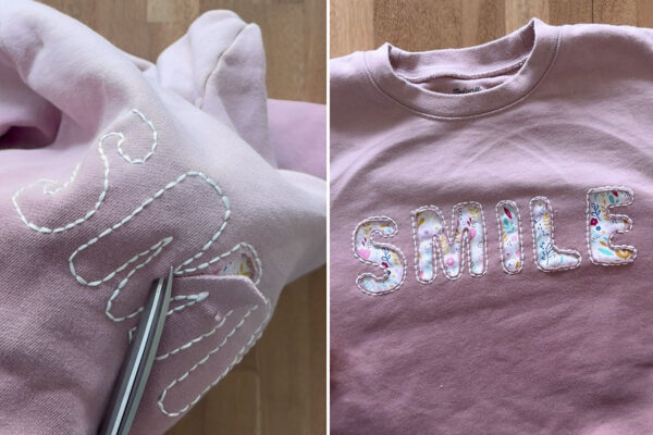 Cutting away all fabric inside outlined letters.