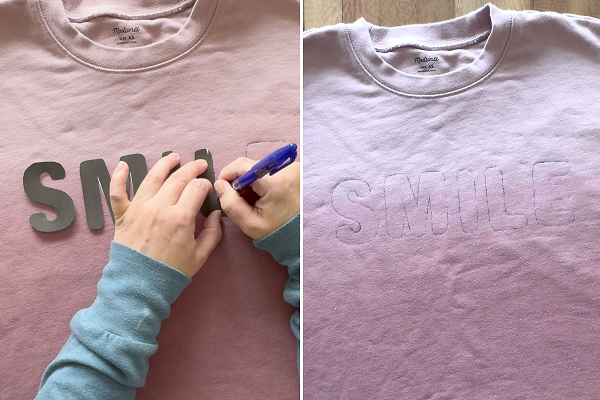 Tracing letters on the sweatshirt.