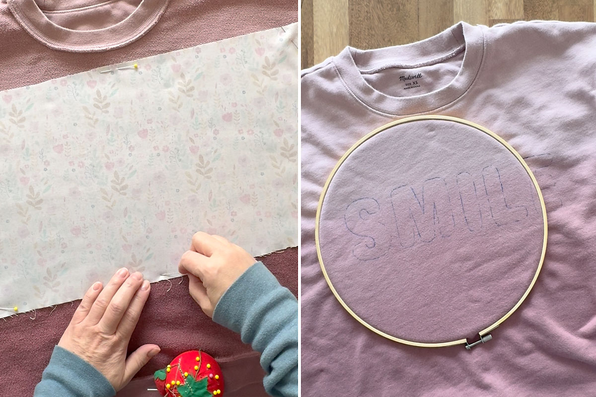 Pinning fabric behind sweatshirt, using embroidery hoop.