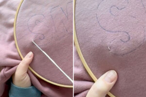 Poking needle up and then back down about 1/4 inch away.