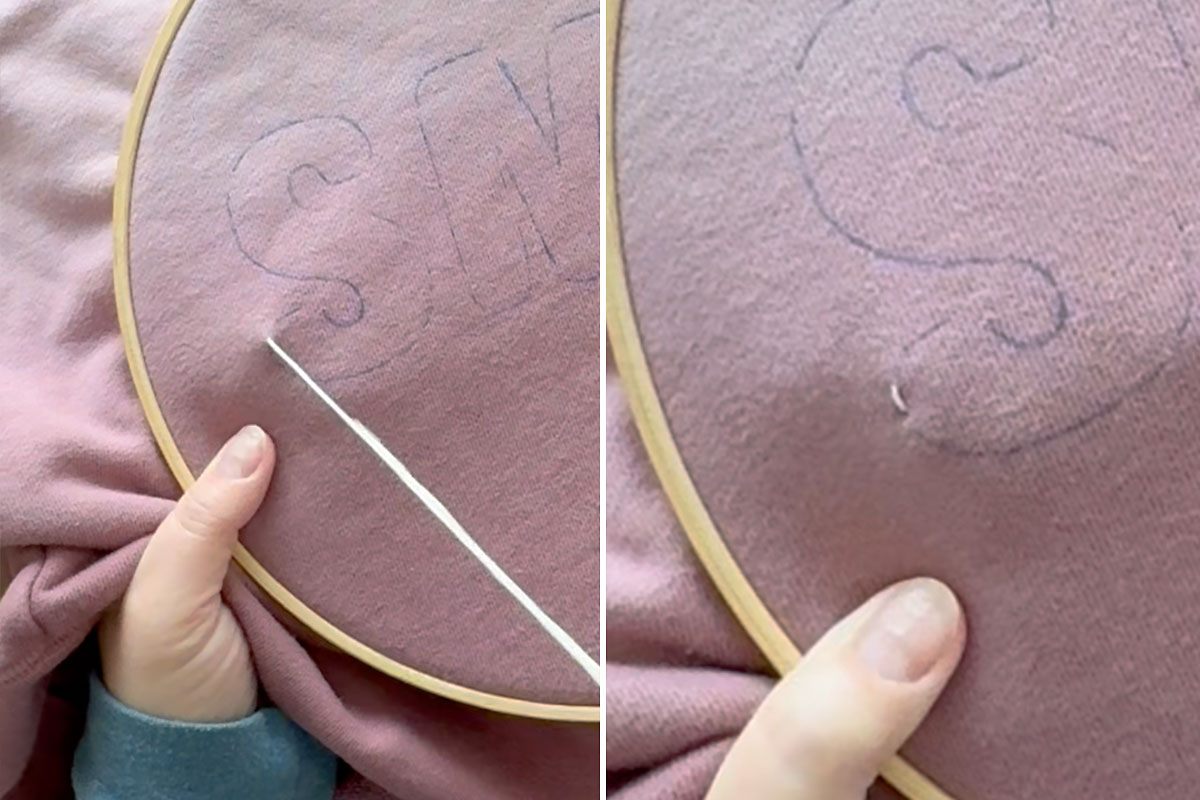 Poking needle up and then back down about 1/4 inch away.
