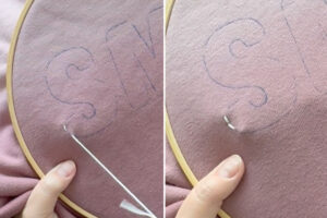 Poking needle up 1/4 inch away, then coming back down in same spot as before.