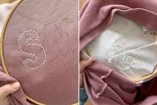 Continue embroidering to outline letter; knot thread inside the sweatshirt.